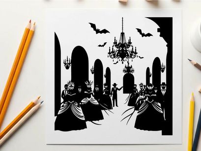 Silhouette of people in a hall with bats and chandelier