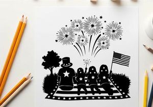 Patriotic family silhouette watching fireworks on railroad tracks