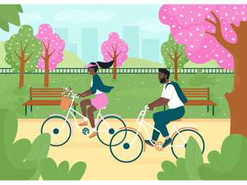 Riding bikes in spring park flat color vector illustration preview picture