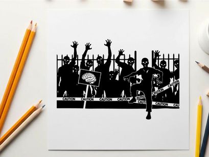 Silhouette of a man standing in front of a group of raised silhouettes behind a fence silhouette