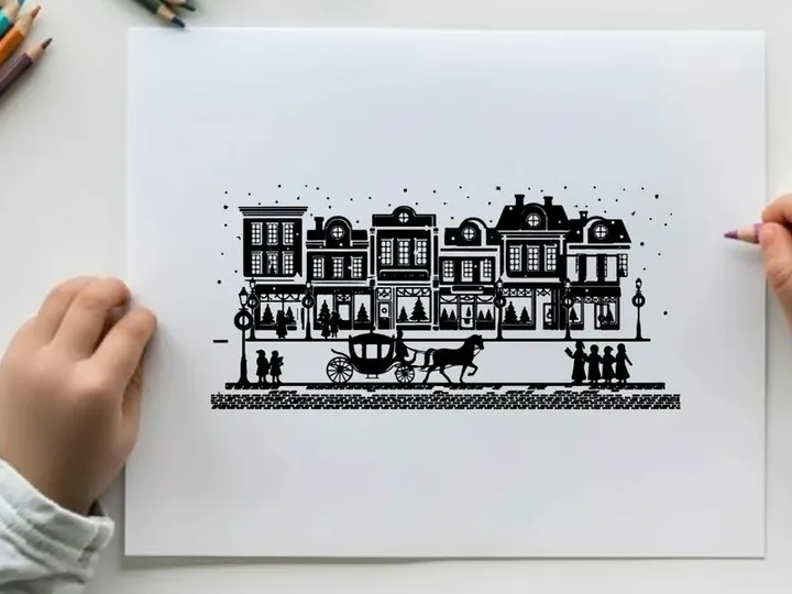 Silhouette of a horse drawn carriage in front of buildings