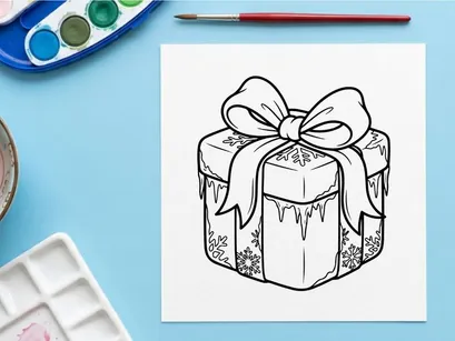 Christmas gift box with bow and snowflakes line art illustration for coloring page