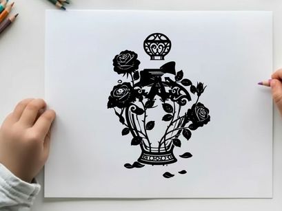 Silhouette of perfume bottle with roses and floral design