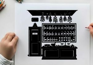 Silhouette of a vintage apothecary shop interior with hanging herbs