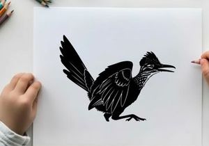 Silhouette of a roadrunner in mid stride with wings spread wide