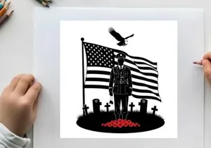 American soldier silhouette with flag and cemetery