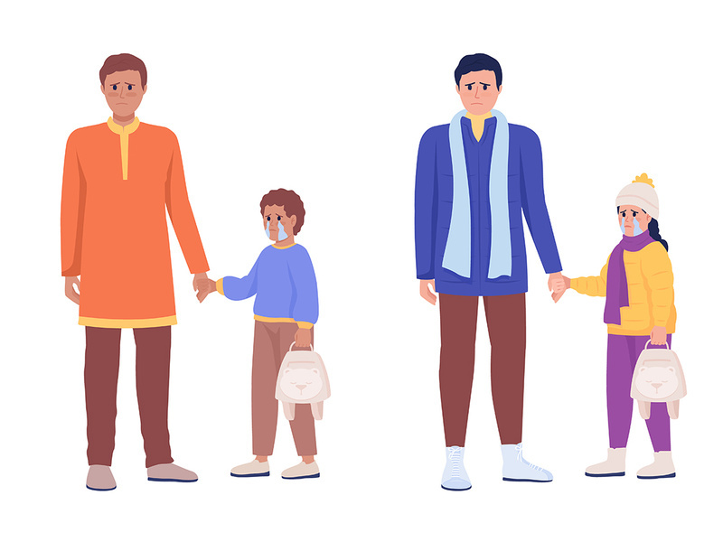 Father with child waiting for evacuation flat color vector characters