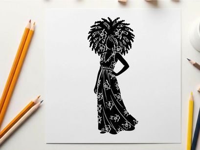 Silhouette of woman in ornate dress and headdress