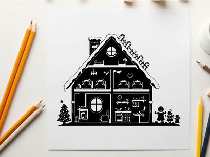 Silhouette of a gingerbread house with decorations and people