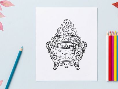 Caldero vintage con vapor que sale de la olla hirviendo. Olla de cocina clásica de brujería que libera humo místico para decoración de Halloween.