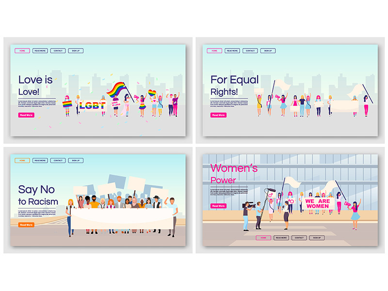 Equal rights protests landing page vector templates set