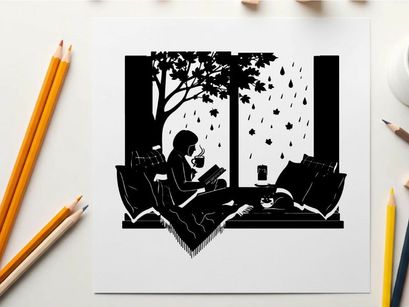 A person sitting by a rainy window reading a book