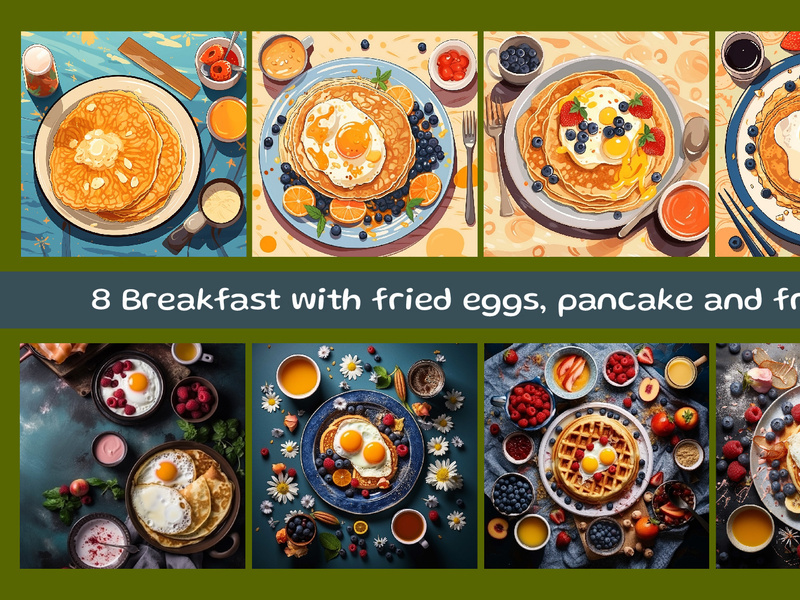Breakfast with fried eggs, pancake and fruits