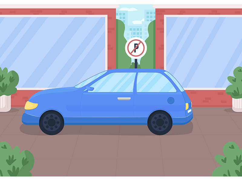 Car in forbidden parking zone flat color vector illustration