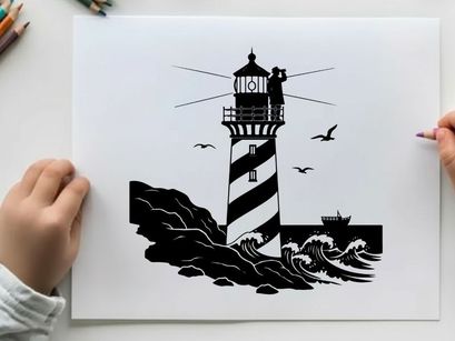 Silhouette of a lighthouse standing tall against crashing waves and seagulls silhouette