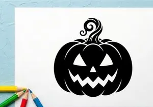 Smiling Halloween Jack-o'-Lantern with Carved Face and Curled Stem