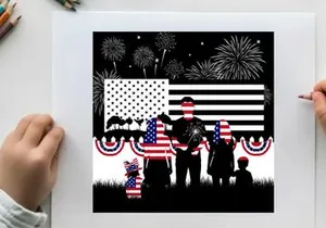 Patriotic family silhouette watching fireworks on american independence day