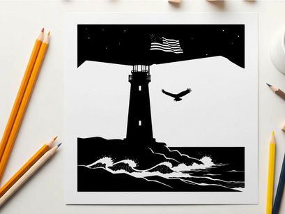 American lighthouse silhouette with flag and seagull at night