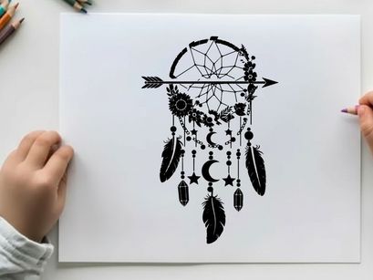 Silhouette dreamcatcher with arrow and feathers silhouette