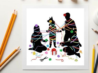 Silhouette of a family and dog wrapped in colorful yarn with gifts