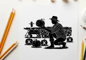 Farmer holding pumpkin in silhouette at a harvest scene