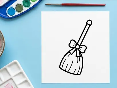 Witch broomstick icon with a bow. Halloween magic broom illustration for holiday design.