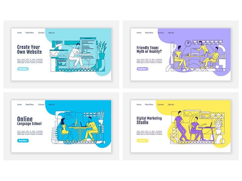 Employees teamwork landing page flat silhouette vector templates set