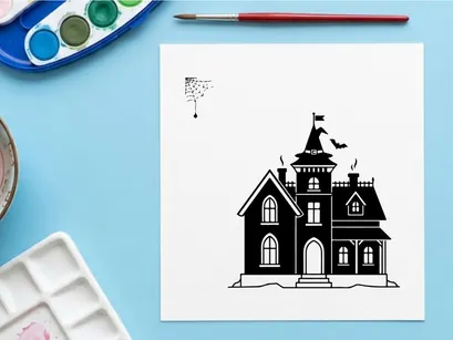 Silhouet rumah berhantu untuk Halloween. Ikon rumah mewah seram dengan kelelawar dan sarang laba-laba.