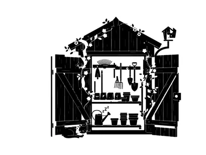 Silhouette of a gardening shed with tools and flowers