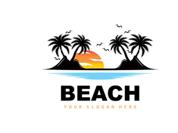 Coconut Tree Logo With Beach Atmosphere, Beach Plant Vector, Sunset View Design preview picture