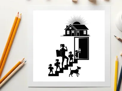 Silhouette of family leaving home for school and work