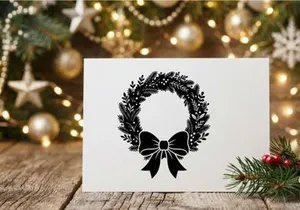 Black Christmas wreath icon with bow, festive holiday evergreen foliage silhouette design.