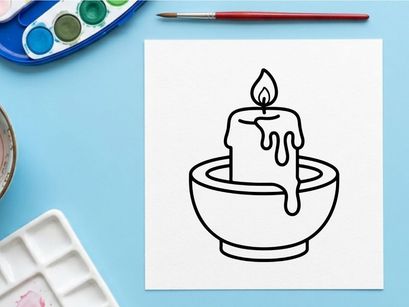 Hand-drawn Halloween candle in ceramic bowl. Spooky flame illustration for seasonal decorations and party invitations.