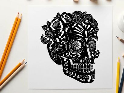 Day of the dead sugar skull silhouette with flowers