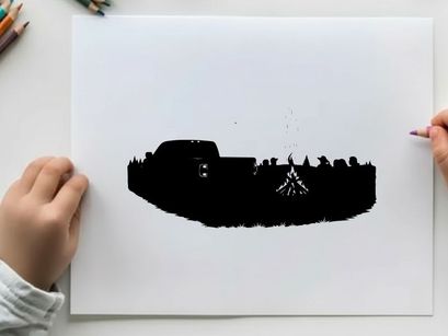 Silhouette of people gathered around campfire with vehicle silhouette