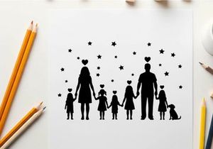Family silhouette with children and dog under starry night sky silhouette