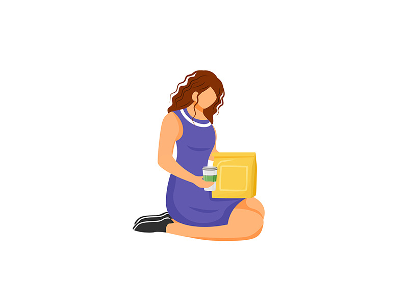 Woman with takeaway food, online customer with packed eating flat color vector faceless character