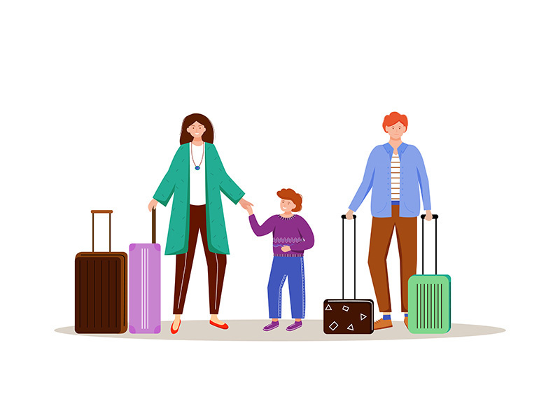Family with luggage flat vector illustration