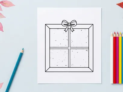Ilustrasi seni garis jendela Natal dengan kepingan salju dan ranting pinus yang meriah