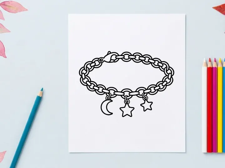 Hand-drawn Halloween charm bracelet with moon and stars. Whimsical silver-toned jewelry featuring celestial and festive motifs for seasonal accesso...