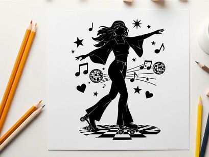Disco dancer silhouette with music notes and symbols
