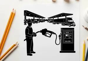 Silhouette of a man refueling a large truck at a gas station silhouette