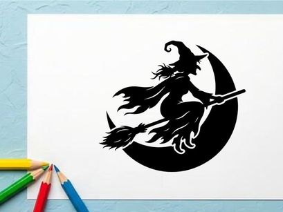 Witch Flying on Broomstick at Night with Full Moon