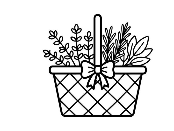 Hand-drawn Halloween gift basket with floral decorations. Spooky themed woven container filled with autumn plants and festive ribbon bow.