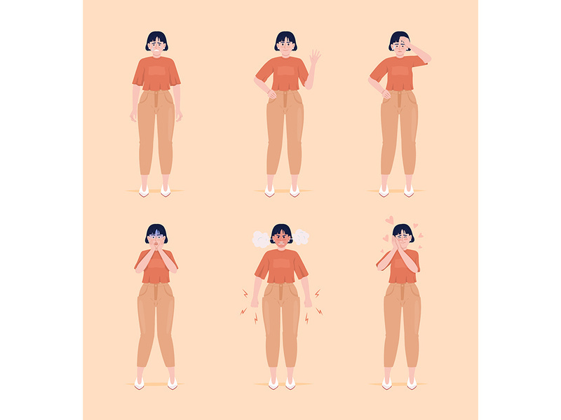 Women with different emotions semi flat color vector characters set