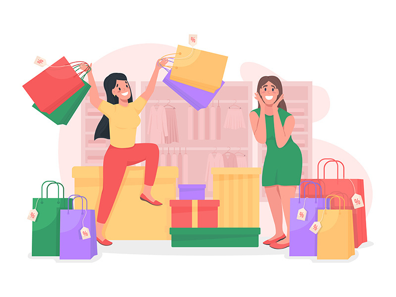 Girls shopping flat concept vector illustration