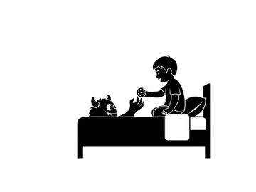 Silhouette of a child and dog interacting on a bed preview picture