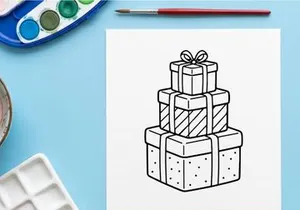 Stack of Christmas gift boxes line art illustration for holiday coloring page design