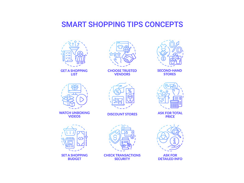 Smart shopping tips concept icons set