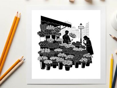 Silhouette of a flower vendor and customer in a bustling urban setting silhouette